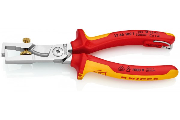 фото KNIPEX StriX® стриппер-кабелерез 2-в-1 для одно/много/тонкожил.кабеля VDE,рез:кабель Ø15мм,зачистка: Ø5мм,L-180 мм,хром,2-к ручки,страх. крепл.,блист.(KN-1366180TBK), KNIPEX