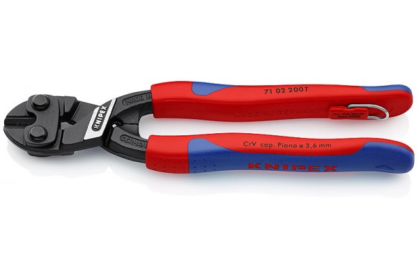 фото KNIPEX CoBolt® болторез, L-200 мм, рез: провол. мягк. Ø 6 мм, ср. Ø 5.2 мм, тв. Ø 4 мм, роял. струна Ø 3.6 мм, чёрн., 2-к ручки, страх. крепл., блист.(KN-7102200TBK), KNIPEX