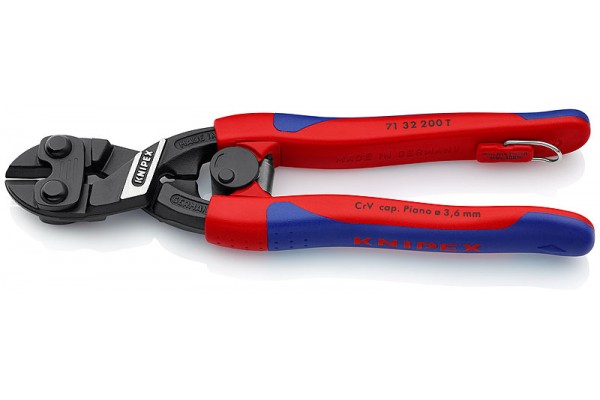 фото KNIPEX CoBolt® болторез,пружина,с выемкой,L-200 мм,рез: провол.мягк. Ø6мм,ср. Ø5.2мм,тв. Ø4мм,роял. струна Ø3.6мм,чёрн.,2-к ручки,страх. крепл.,блист.(KN-7132200TBK), KNIPEX