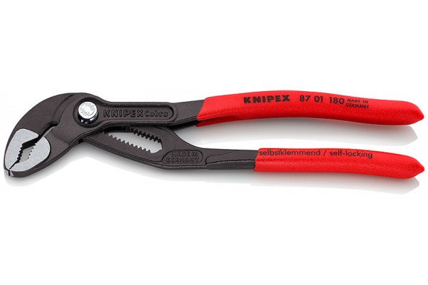 фото KNIPEX COBRA® клещи переставные с фиксатором, 42 мм (1 1/2"), под ключ 36 мм, L-180 мм, серые, 1-к ручки, держатель(KN-8701180SB), KNIPEX