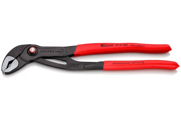 KN-8721300SB - KNIPEX COBRA® QuickSet клещи переставные с фиксатором, быстрая установка, 70 мм (2 3/4"), под ключ 60 мм, L-300 мм, Cr-V, серые, обливные рукоятки, с держателем для торгового оборудования - выгодная цена, фото, характеристики - купить недорого в Москве и РФ