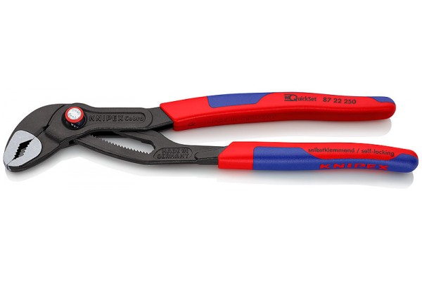 KN-8722250SB - KNIPEX COBRA® QuickSet клещи переставные с фиксатором, быстрая установка, 50 мм (2"), под ключ 46 мм, L-250 мм, серые, 2-к ручки, держатель - выгодная цена, фото, характеристики - купить недорого в Москве и РФ