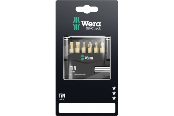 фото WE-073537 — Набор бит в блистерной упаковке WERA Bit-Check 7 TiN Universal 1 SB, 7 предметов(WE-073537), WERA