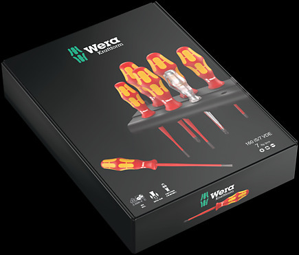 160 iS/7 Rack Набор отвёрток Kraftform Plus серия 100 + однополюсный тестер фазного напряжения + подставка. Отвёртки с уменьшенным диаметром рабочего конца, 7 деталь